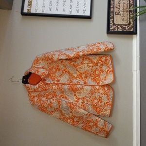 CERVELLE SALMON COLORED, QUILTED, REVERSIBLE PAISLEY PRINT JACKET WITH POCKETS